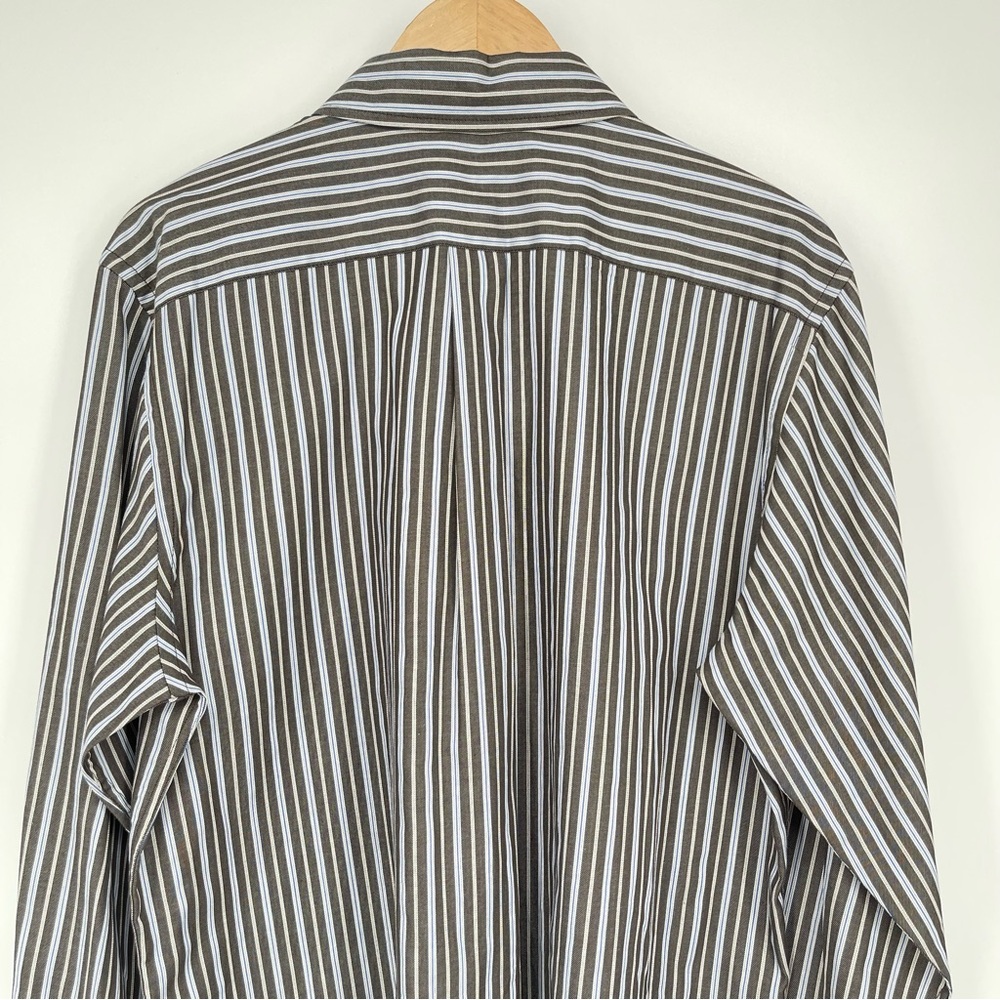 New CHAPS Button-Down Mens Large 100% Cotton Long Sleeve Grey Blue White Stripes - Picture 12 of 14